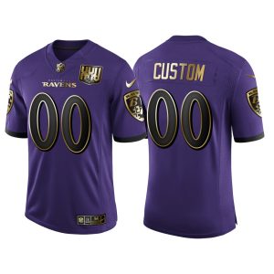 Raven Jersey Custom for Men Baltimore Ravens #00 Custom 25th Anniversary Speed Machine Golden Limited Jersey - Purple