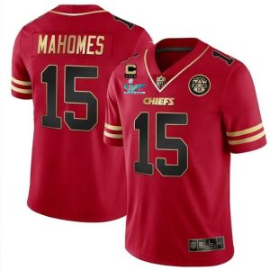 Custom Chiefs Jersey for Men Kansas City Chiefs #15 Patrick Mahomes Red Gold Super Bowl LVII Patch And 4-star C Patch Vapor Untouchable Limited Stitched Jersey